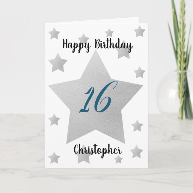 Bleu et Argent Stars 16e Anniversaire Carte (Devant)