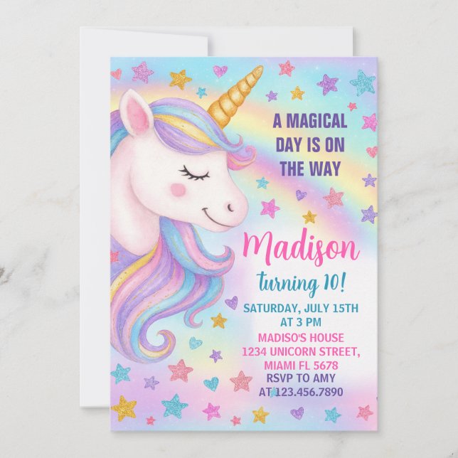 Bleu et argent Unicorn Invitation d'anniversaire (Devant)