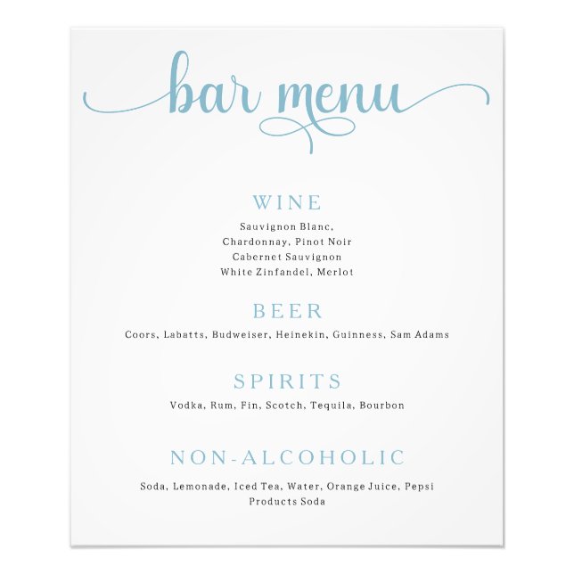 Bleu et blanc cassé Mariage Bar Menu Poster (Devant)