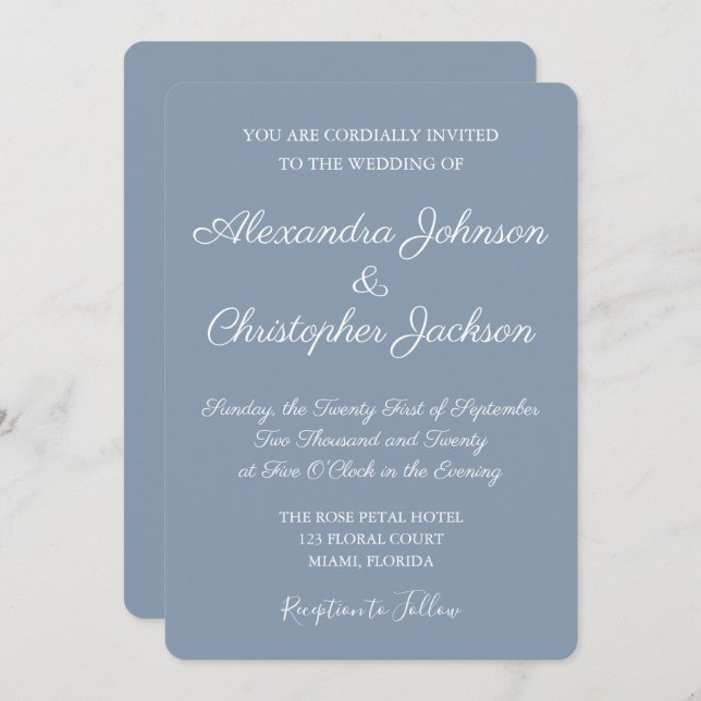 Bleu et blanc Dusty Faire-part de mariage simple (Devant / Derrière)