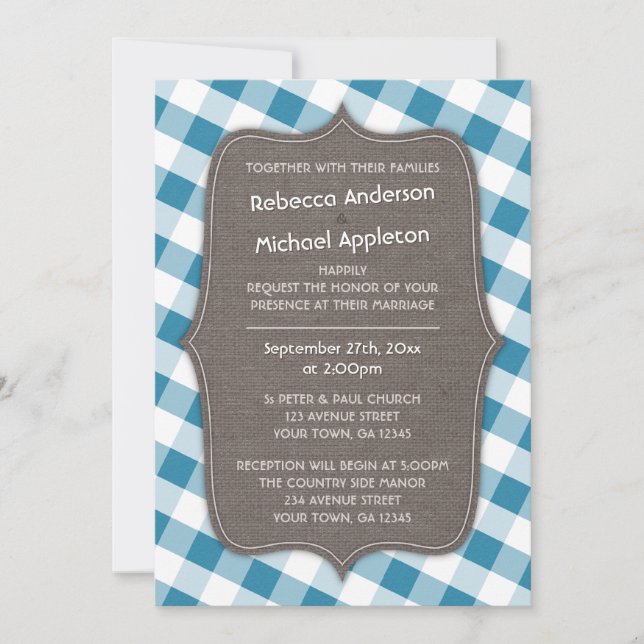 Bleu et blanc En vichy toile Mariage Invitations (Devant)