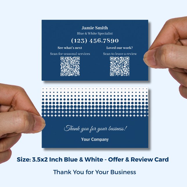Bleu et Blanc - Merci avec invitation à laisser un (Blue and White - Thank You with Review Prompt Business Card; Size 3.5x2 Inch (US) )