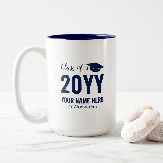 Bleu et blanc | Mug personnalisé cadeau de diplôme (Avec donut)