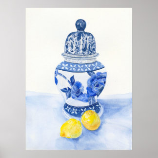 Bleu et Blanc Temple Jar avec Poster citrons