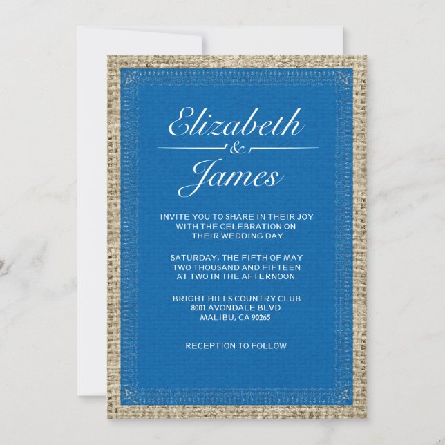 Bleu et blanc Vintage Burlap Invitations de mariag (Devant)