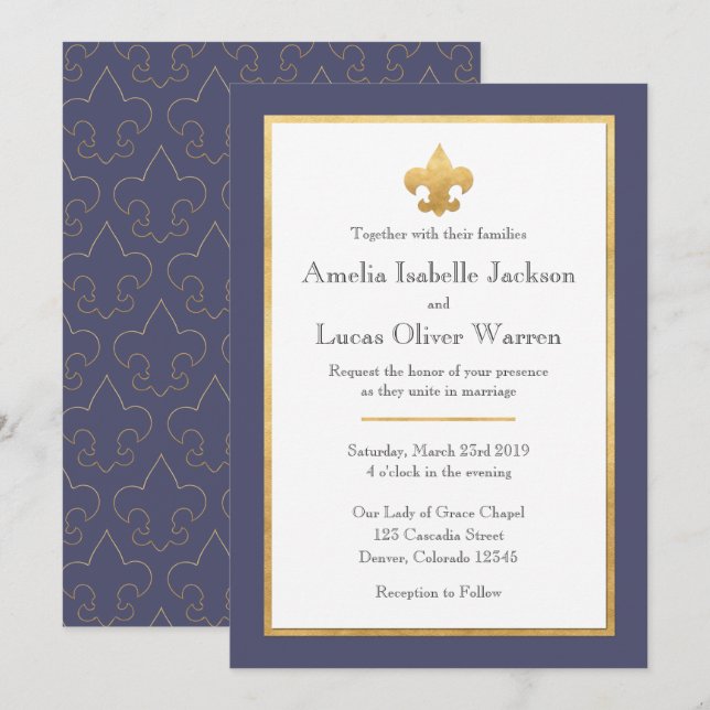 Bleu et faire-part de mariage de Gold Fleur De Lis (Devant / Derrière)