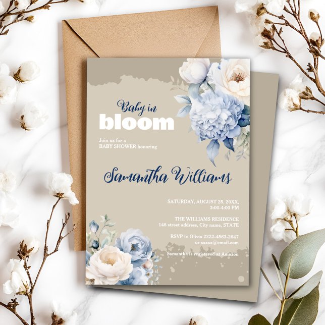 Bleu et ivoire floral fille baby shower invitation (Blue and white roses and peonies floral watercolor baby shower invitation )