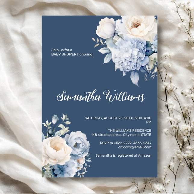 Bleu et ivoire floral fille baby shower invitation (Dusty blue watercolor flowers peonies rustic gender neutral baby shower invitation )