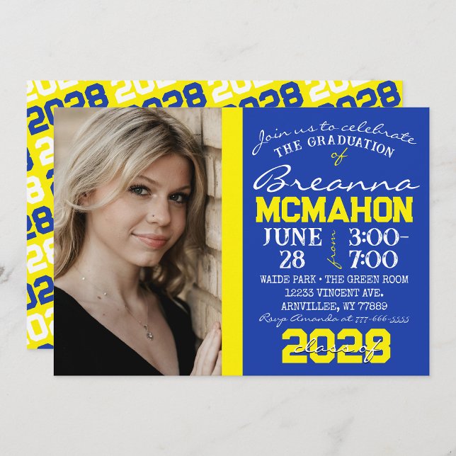 Bleu et jaune Moderne Graduation Photo Invitation (Créateur téléchargé)