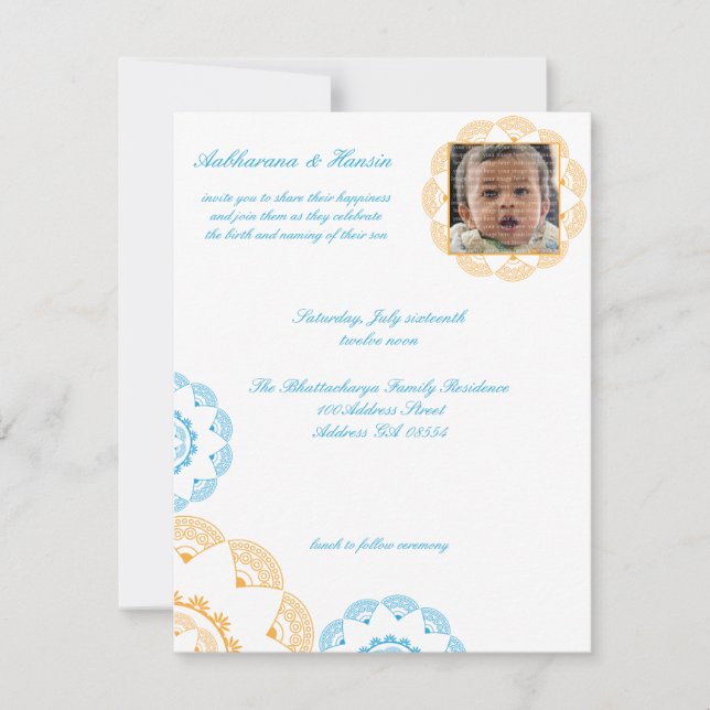 Bleu et jaune Namkaran Baby Naming Invitations (Devant)