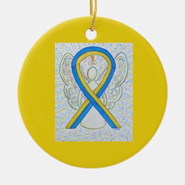 Bleu et Jaune Sensibilisation Ruban Angel Ornement (Devant)