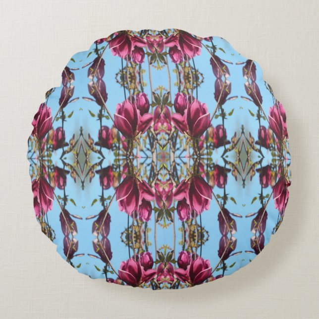 Bleu et Mauve Tulip Magnolia Round Pouf Coussin (Devant)