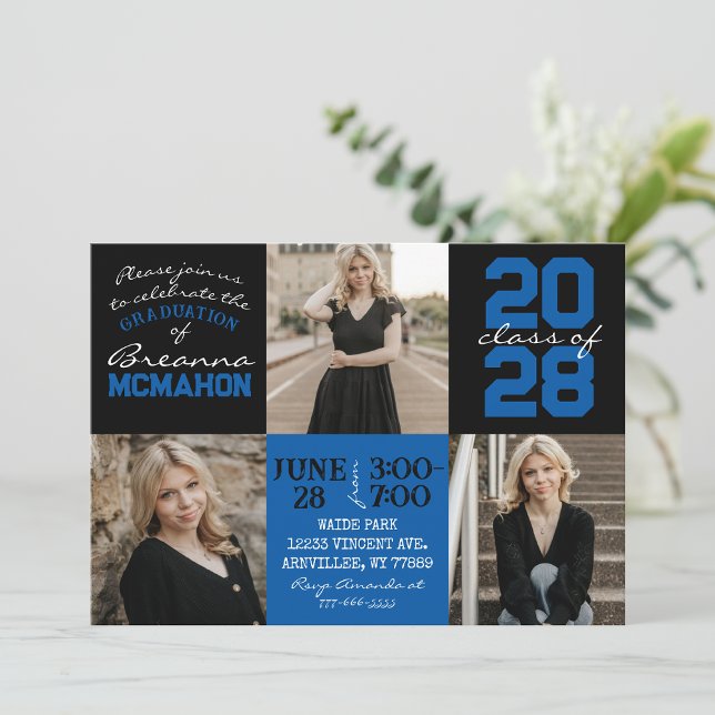 Bleu et noir 3 Photo Graduation Invitation (Créateur téléchargé)