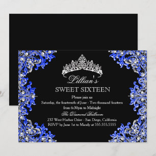 Bleu et noir Damas Tiara Sweet 16 Invitation