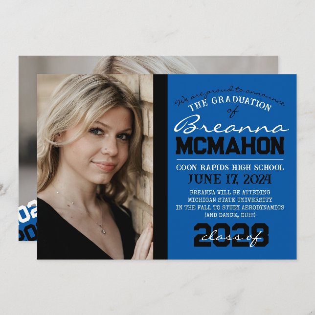 Bleu et noir Graduation 2 Faire-part photo (Repeating Class Year 1 & 2 Photo Graduation Invitations & Announcements)