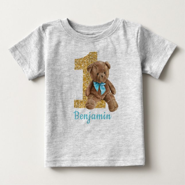 Bleu et or 1er anniversaire Teddy Bear T-shirt béb (Devant)