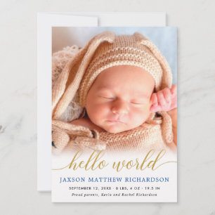 Bleu et or bonjour monde bébé garçon faire-part