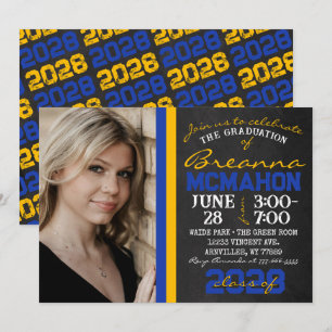 Bleu et or Chalkboard Graduation Photo Invitation