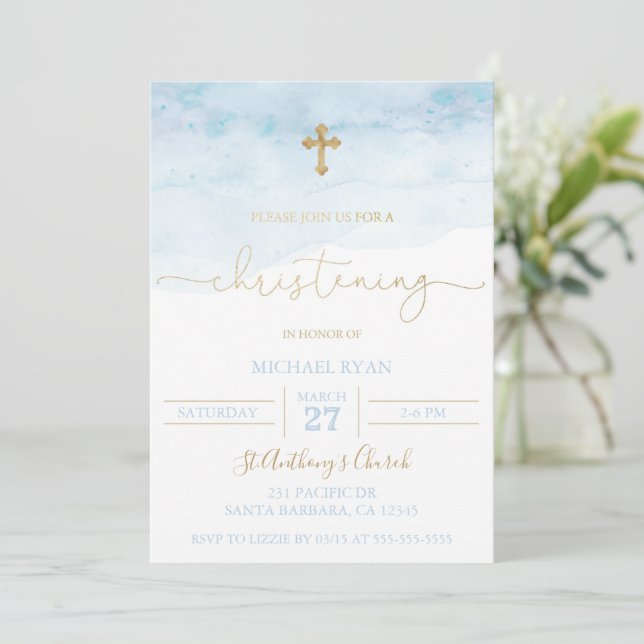 Bleu et or Christening Invitation Baby Boy (Debout devant)