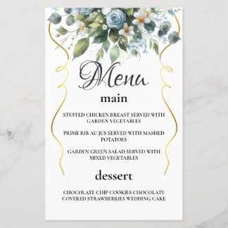 Bleu et Or Élégant Floral Rustique Menu Aquarelle