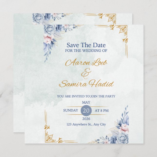 Bleu et or Elegant Mariage Invitation (Devant / Derrière)