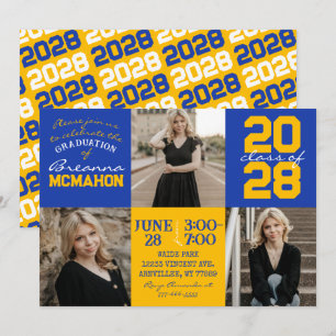 Bleu et or Graduation 3 Photo Collage Invitation