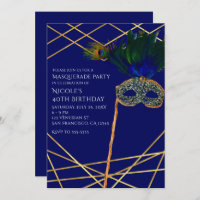 Bleu et or Peacock Masquerade Party Invitations