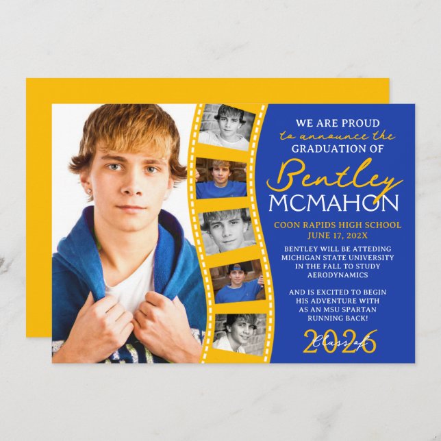 Bleu et or Photo Filmstrip Grad Faire-part (Devant / Derrière)