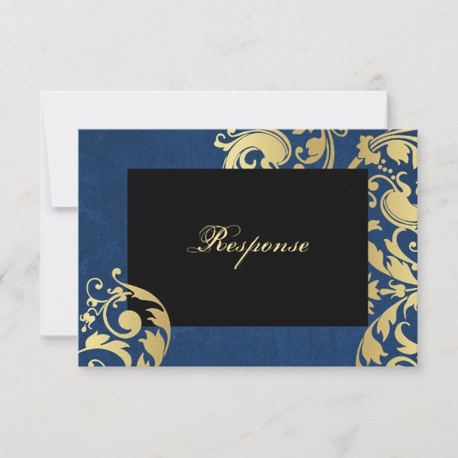 Bleu et or Shimmer Floral Mariage Réponse RSVP (Devant)