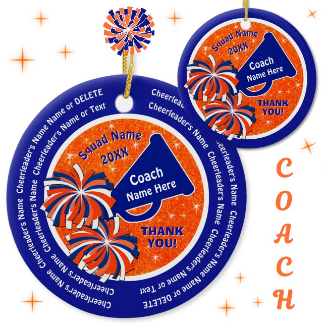 Bleu et Orange, Décorations d'entraîneur de Cheerl (Gift ideas for cheer coaches. Cheer coach Christmas gifts. Cheer coach ornament. Orange, Blue, White)