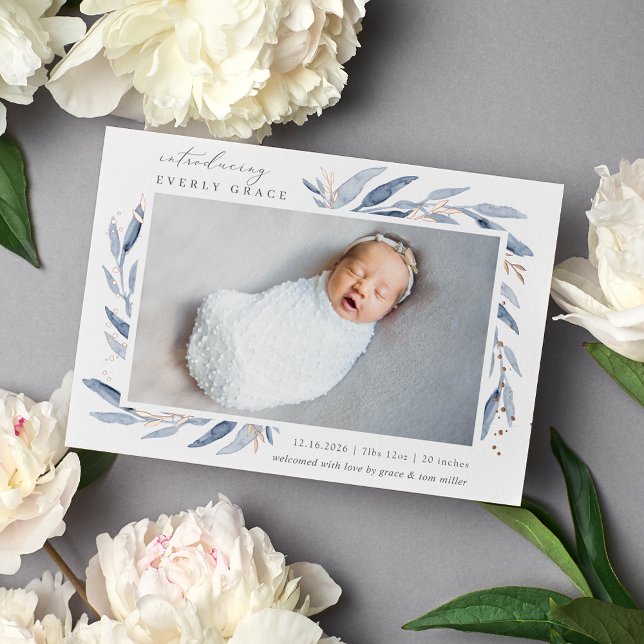 Bleu et Rose Botanique | Faire-part de naissance d (Créateur téléchargé)