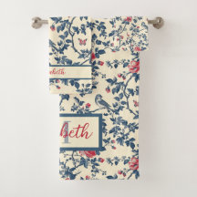 Bleu et rouge floral Toile de Jouy et oiseaux