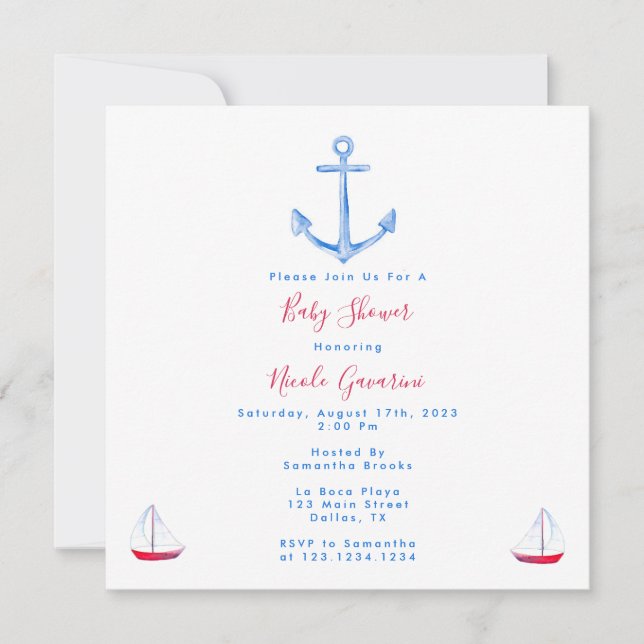 Bleu Et Rouge Nautique Bébé Douche Invitations (Devant)