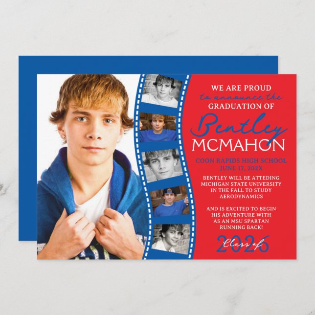 Bleu et rouge photo Faire-part Grad (Devant / Derrière)