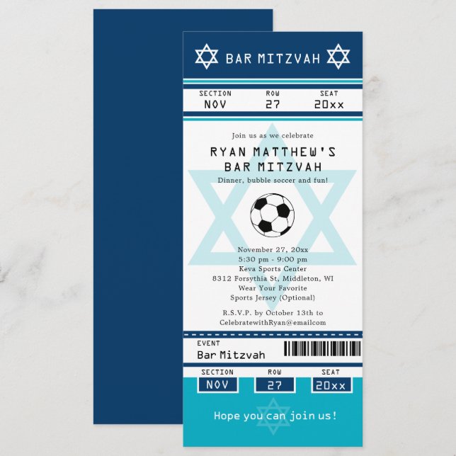 Bleu et Turquoise Bar Mitzvah Football Invitation (Devant / Derrière)
