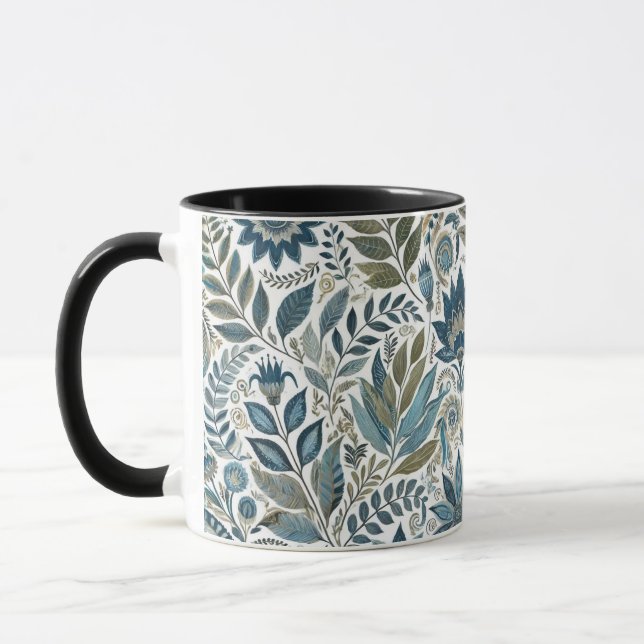 Bleu et vert Feuille Design Floral Café Mug (Gauche)