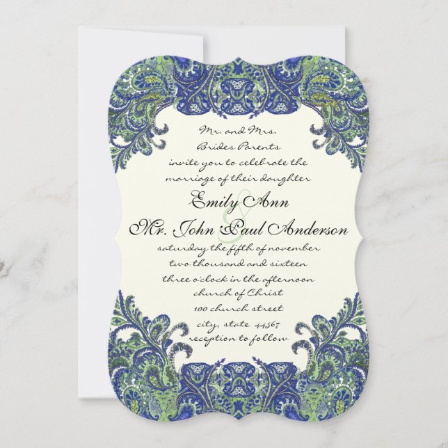 Bleu et vert Peacock Ivory Wedding Invitations (Devant)