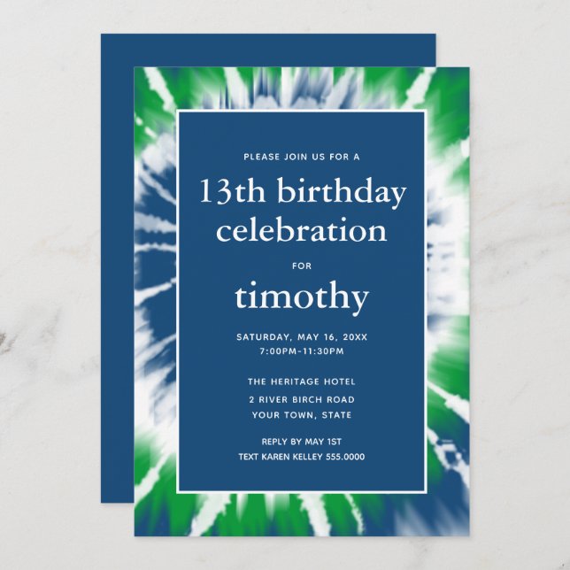 Bleu et vert Tie Dye Invitation Anniversaire (Devant / Derrière)