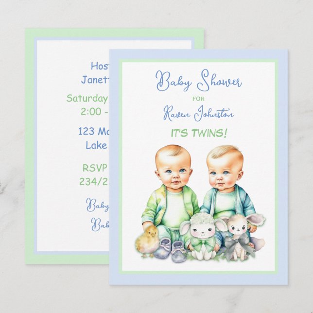 Bleu et vert Twin Boys Baby Shower Invitations (Devant / Derrière)