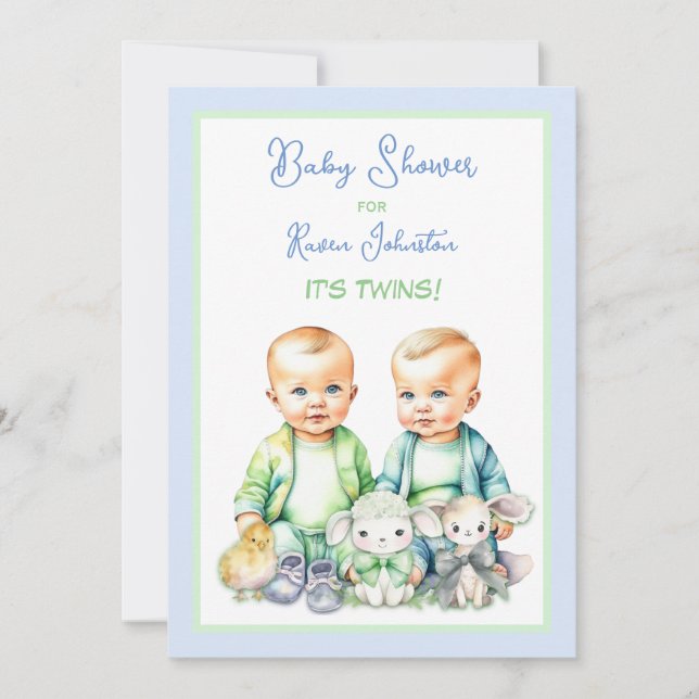 Bleu et vert Twin Boys Baby Shower Invitations (Devant)