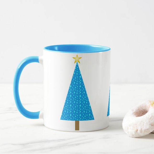 Bleu étoiles rétro moderne arbre de Noël Café Mug (Avec donut)