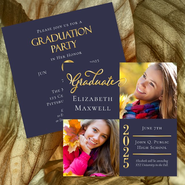 Bleu | Faire-part de remise de diplôme photo or |  (Blue and Gold Tone Two Photo High School Graduation Announcement and Party Invitation -Print Digital)