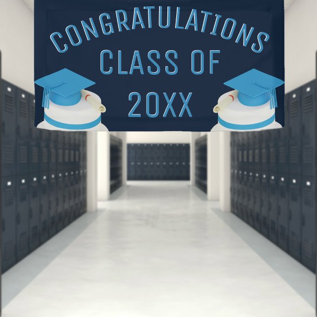 Bleu Félicitations Classe de diplôme Bannière (Congratulate the graduates with this graduation banner. Just add the year)