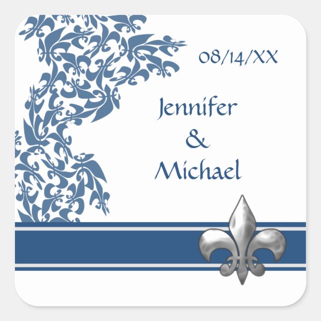 Bleu Fleur de Lis Damask Motif Stickers Mariage (Devant)