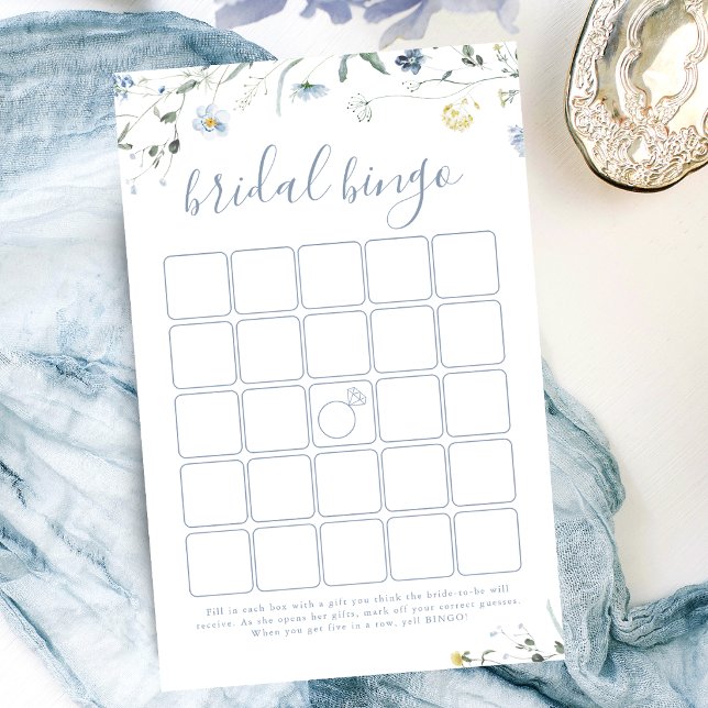Bleu Fleur sauvage Boho jeu de bingo de douche nup (Blue Wildflower Boho bridal shower bingo game)