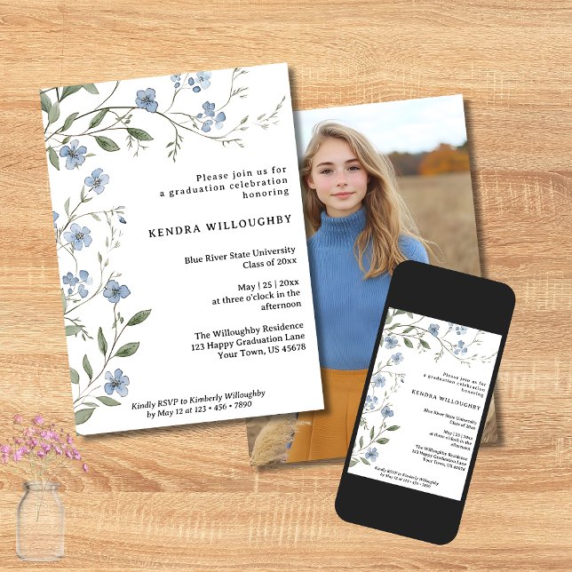 Bleu Fleur sauvage Photo Graduation Invitation (Créateur téléchargé)