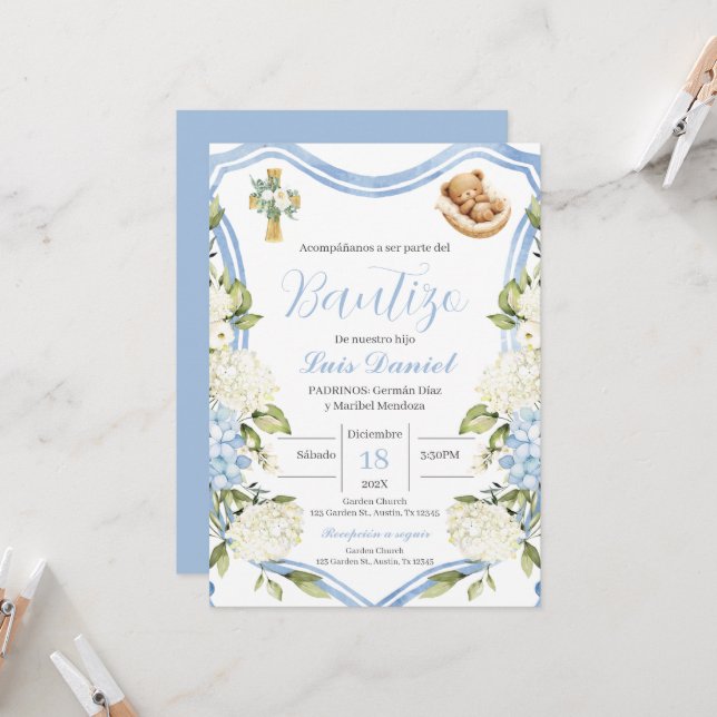 Bleu fleuri garçon baptême invitation Espagnol (Devant/Arrière en situation)