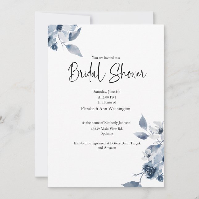 Bleu Floral Aquarelle Nuptiale Douche Invitation (Devant)