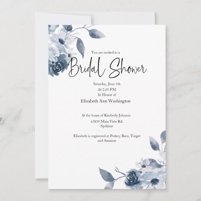 Bleu Floral Aquarelle Nuptiale Douche Invitation (Devant)