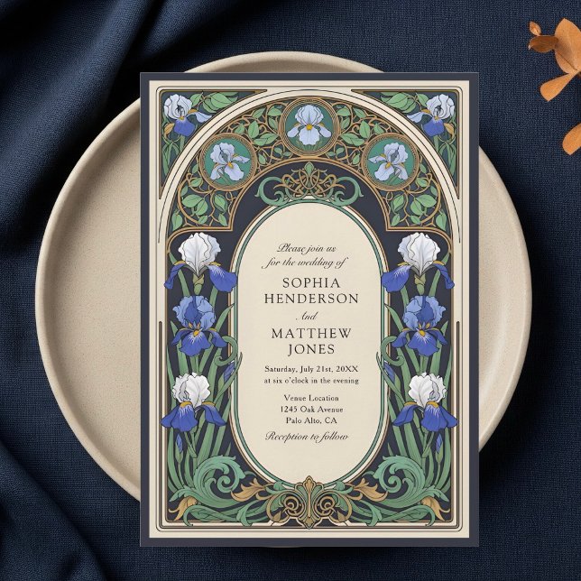 Bleu Floral Art Nouveau Faire-part de mariage (Créateur téléchargé)